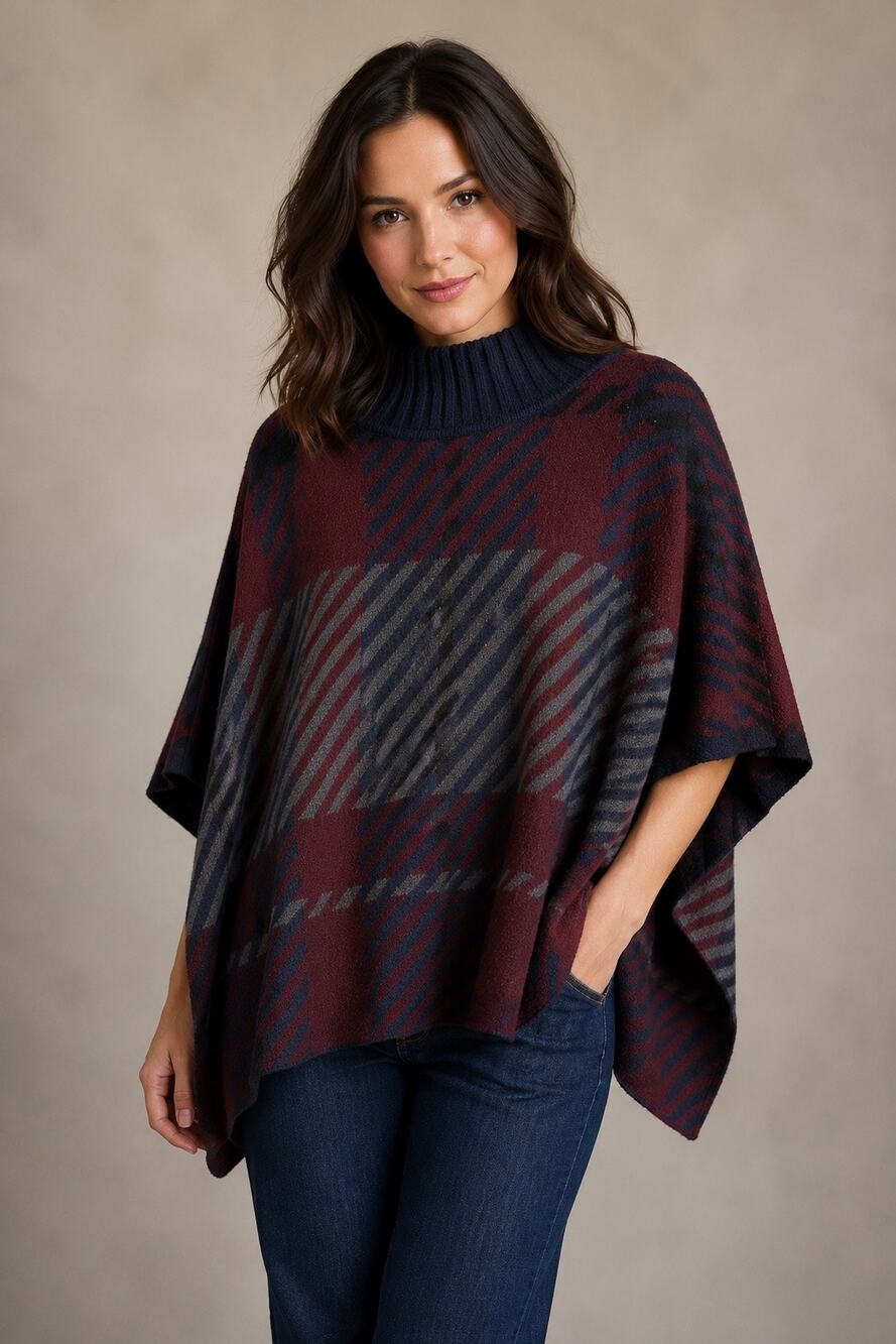 Ann Taylor Petite Plaid Turtleneck Poncho Sweater XS/SP Burgundy Navy